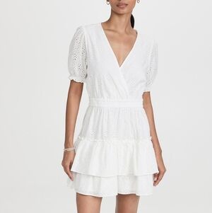 WAYF Reese Smocked Waist Tiered Mini Dress in White - Size M